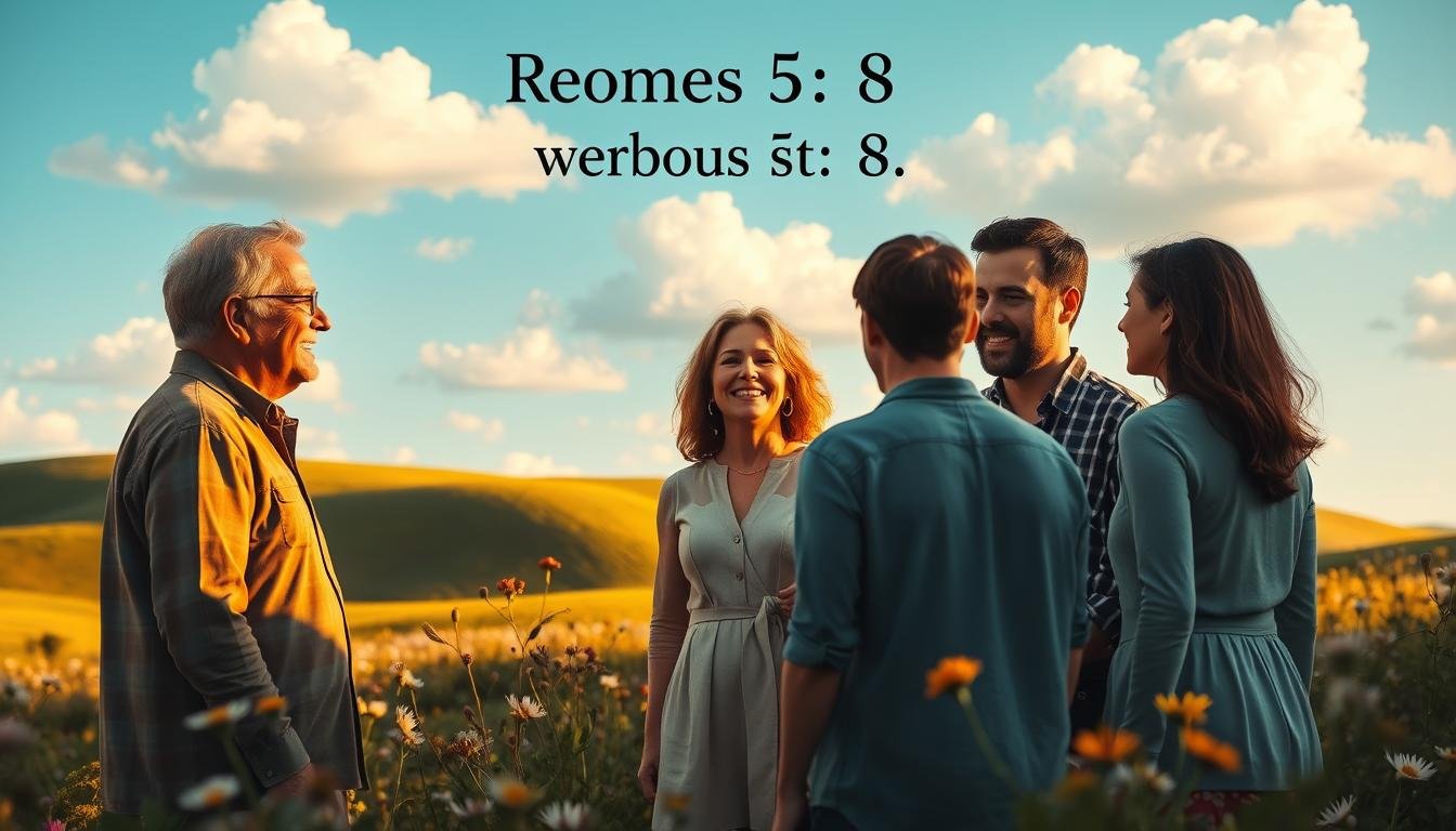 O amor de Deus revelado em Romanos 5:8.
